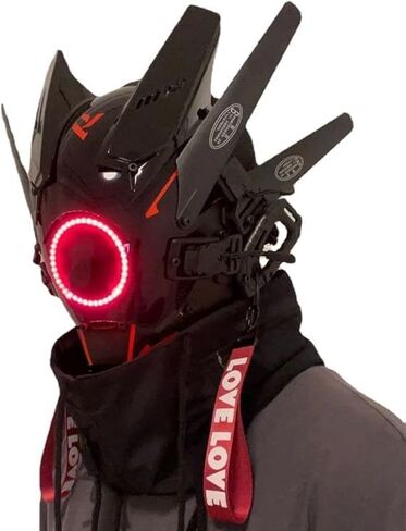 Cyberpunk cool mask cosplay, LED lighting futuristic mecha warrior helmet, sci-fi black full face punk mask, perfect choice for Halloween and parties in Saudi Arabia