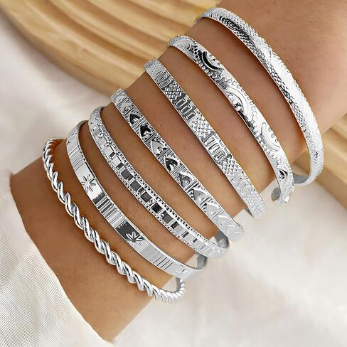 Bangle Bracelet for Women, 7 Pcs Silvery Plated Dainty Layered Chain, 14K Layer Stackable Cuff Bracelet Set (Silvery) in Saudi Arabia