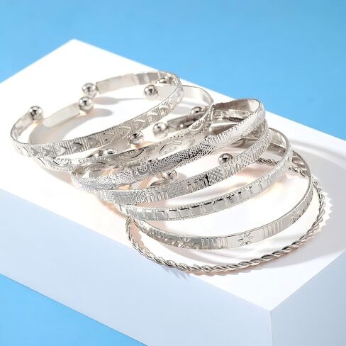 Bangle Bracelet for Women, 7 Pcs Silvery Plated Dainty Layered Chain, 14K Layer Stackable Cuff Bracelet Set (Silvery) in Saudi Arabia