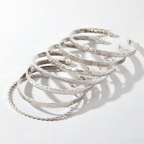Bangle Bracelet for Women, 7 Pcs Silvery Plated Dainty Layered Chain, 14K Layer Stackable Cuff Bracelet Set (Silvery) in Saudi Arabia