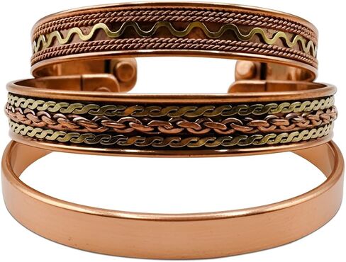 مجموعة أساور نحاسية مكونة من 3 قطع - تصميمات مختلطة للرجال والنساء، أساور قابلة للتعديل مصنوعة يدويًا in Kuwait