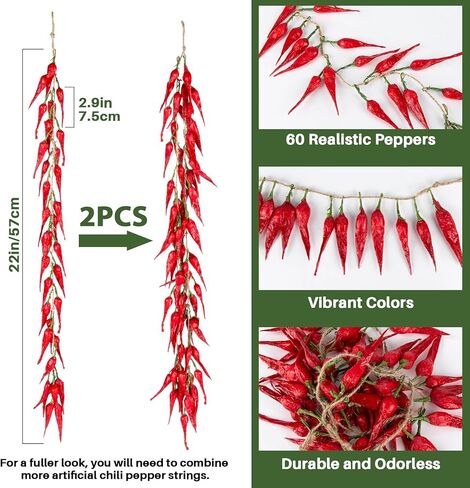 سلسلتان من الفلفل الاصطناعي المعلق - إكليل فاكهة الخضروات الحارة النابضة بالحياة، خضروات رغوية وهمية لباب الشرفة والحديقة والمطبخ والمزرعة والتصوير الفوتوغرافي وديكور السوبر ماركت in Kuwait