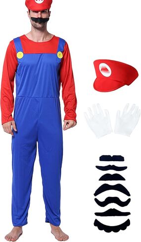 Halloween Costume Adult Plumber Jumpsuit with Hat Gloves Moustache Costume Accessories Set in Saudi Arabia