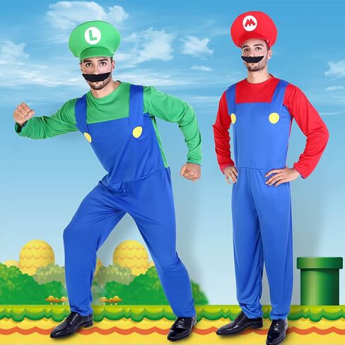 Halloween Costume Adult Plumber Jumpsuit with Hat Gloves Moustache Costume Accessories Set in Saudi Arabia