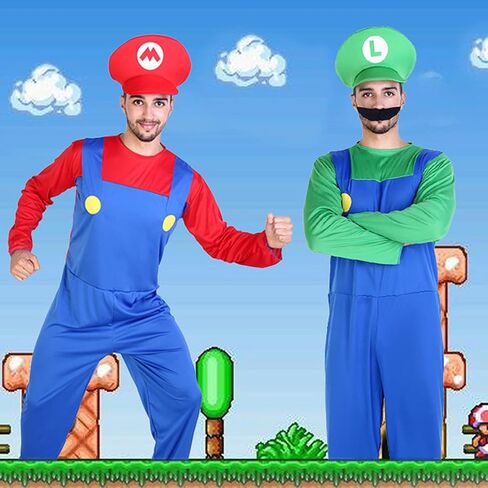 Halloween Costume Adult Plumber Jumpsuit with Hat Gloves Moustache Costume Accessories Set in Saudi Arabia