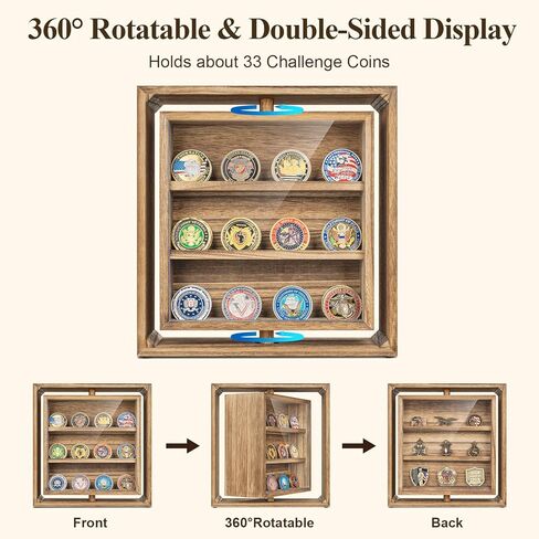 Emfogo Double-Sided Rotating Challenge Coin Display, Wooden Military Coin Holder Holds 33 Coins for Desktop, 6-Row Display Stand for Honoring Veterans & Collectors (Rustic Brown) in Saudi Arabia
