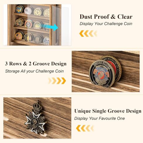 Emfogo Double-Sided Rotating Challenge Coin Display, Wooden Military Coin Holder Holds 33 Coins for Desktop, 6-Row Display Stand for Honoring Veterans & Collectors (Rustic Brown) in Saudi Arabia