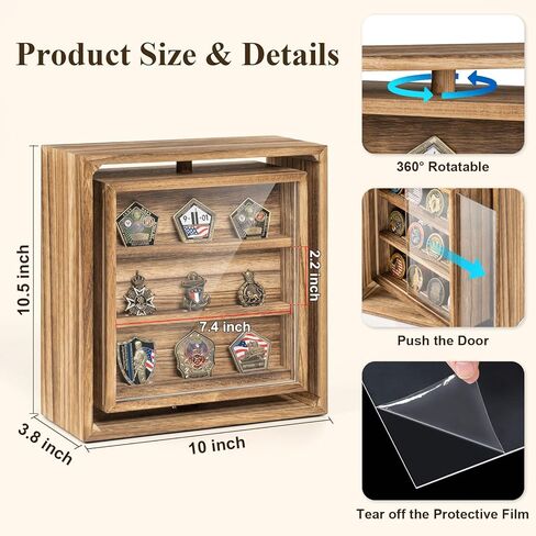 Emfogo Double-Sided Rotating Challenge Coin Display, Wooden Military Coin Holder Holds 33 Coins for Desktop, 6-Row Display Stand for Honoring Veterans & Collectors (Rustic Brown) in Saudi Arabia