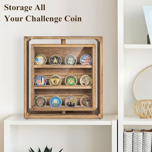 Emfogo Double-Sided Rotating Challenge Coin Display, Wooden Military Coin Holder Holds 33 Coins for Desktop, 6-Row Display Stand for Honoring Veterans & Collectors (Rustic Brown) in Saudi Arabia