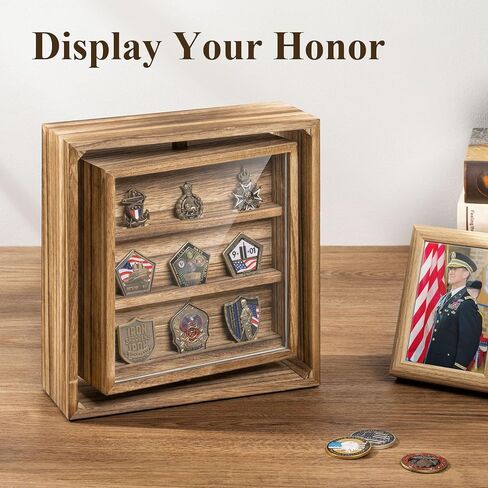 Emfogo Double-Sided Rotating Challenge Coin Display, Wooden Military Coin Holder Holds 33 Coins for Desktop, 6-Row Display Stand for Honoring Veterans & Collectors (Rustic Brown) in Saudi Arabia