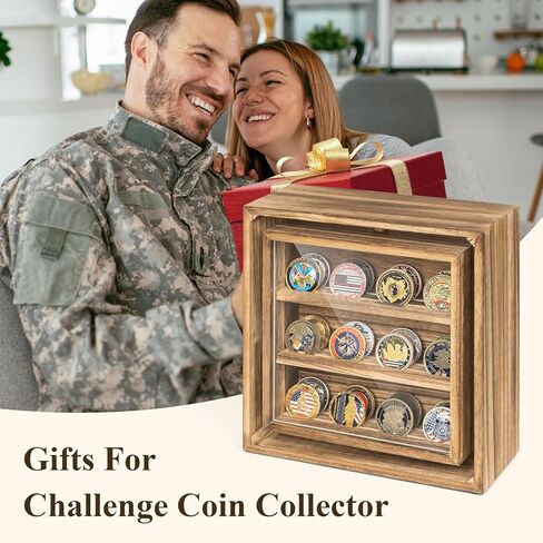 Emfogo Double-Sided Rotating Challenge Coin Display, Wooden Military Coin Holder Holds 33 Coins for Desktop, 6-Row Display Stand for Honoring Veterans & Collectors (Rustic Brown) in Saudi Arabia