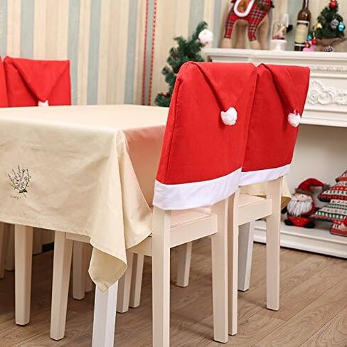 Christmas Chair Covers Set of 6, Red Hat Dining Chair Slipcovers, Flannelette Santa Chair Covers for Dining Chairs, Santa Claus Décor, Christmas Decorations Indoor Navidad Decoración Casa Ofertas in Kuwait