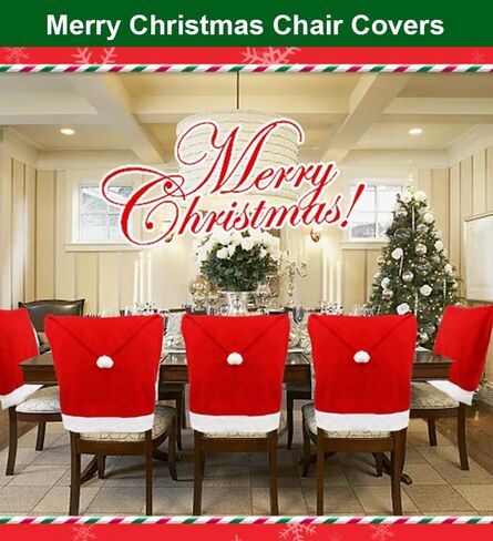 Christmas Chair Covers Set of 6, Red Hat Dining Chair Slipcovers, Flannelette Santa Chair Covers for Dining Chairs, Santa Claus Décor, Christmas Decorations Indoor Navidad Decoración Casa Ofertas in Saudi Arabia