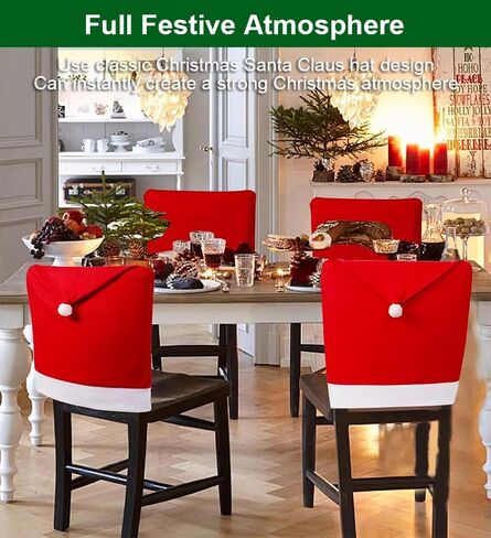 Christmas Chair Covers Set of 6, Red Hat Dining Chair Slipcovers, Flannelette Santa Chair Covers for Dining Chairs, Santa Claus Décor, Christmas Decorations Indoor Navidad Decoración Casa Ofertas in Saudi Arabia