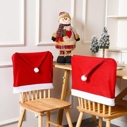 Christmas Chair Covers Set of 6, Red Hat Dining Chair Slipcovers, Flannelette Santa Chair Covers for Dining Chairs, Santa Claus Décor, Christmas Decorations Indoor Navidad Decoración Casa Ofertas in Saudi Arabia