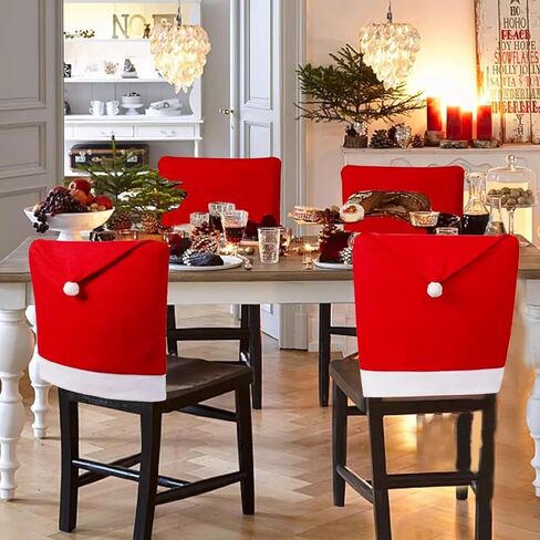 Christmas Chair Covers Set of 6, Red Hat Dining Chair Slipcovers, Flannelette Santa Chair Covers for Dining Chairs, Santa Claus Décor, Christmas Decorations Indoor Navidad Decoración Casa Ofertas in Saudi Arabia