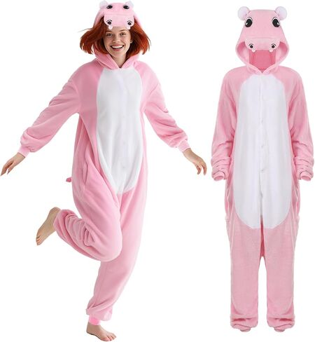 Hippo Onesie Adult Pink Hippo Costume Plush Cute Animal Pajamas Cartoon Cosplay One Piece Funny Halloween Sleepwear in Saudi Arabia