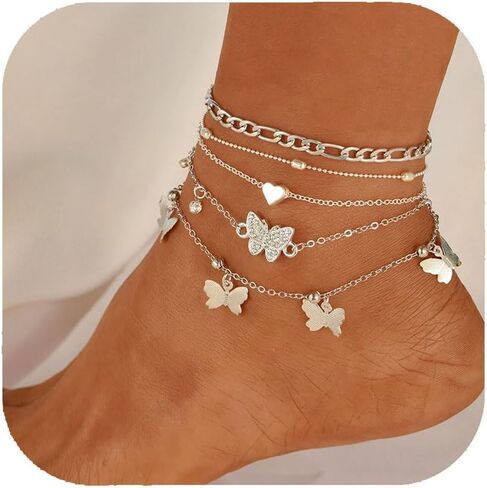 Chain Ankle Bracelet for Women Gold Silver Boho Anklets Set Sun Butterfly Sea Turtle Anklets Beach Adjustable Chain Anklet Summer Waterproof Beach Jewelry for Women in Saudi Arabia