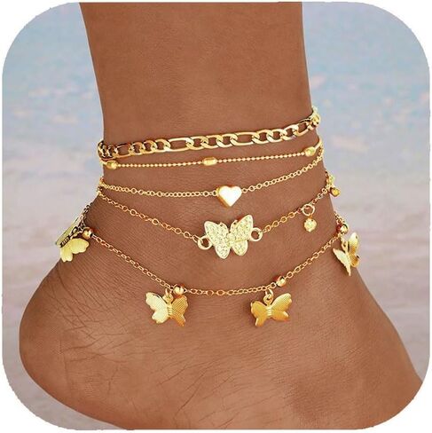 Chain Ankle Bracelet for Women Gold Silver Boho Anklets Set Sun Butterfly Sea Turtle Anklets Beach Adjustable Chain Anklet Summer Waterproof Beach Jewelry for Women in Saudi Arabia