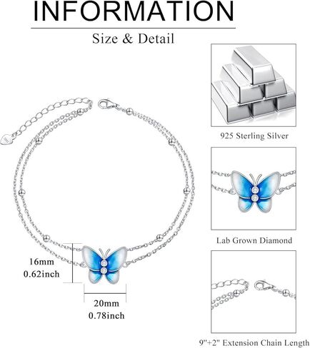 Diamond Butterfly Anklet Sterling Silver, Elegant Adjustable Ankle Bracelet for Women, 925 Silver Hypoallergenic Foot Jewelry Birthday Christmas Gift for Her in Saudi Arabia