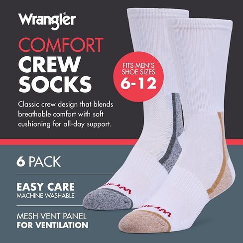 Wrangler Men's Crew Socks with Moisture-Wicking and Arch Support, Fits Mens Shoe Sizes 6-12, 6 Pack in Saudi Arabia
