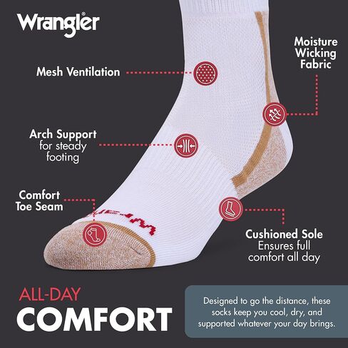 جوارب Wrangler الرجالية الدائرية مع ماصة للرطوبة ودعم للقوس، تناسب مقاسات الأحذية الرجالية 6-12، 6 قطع in Kuwait