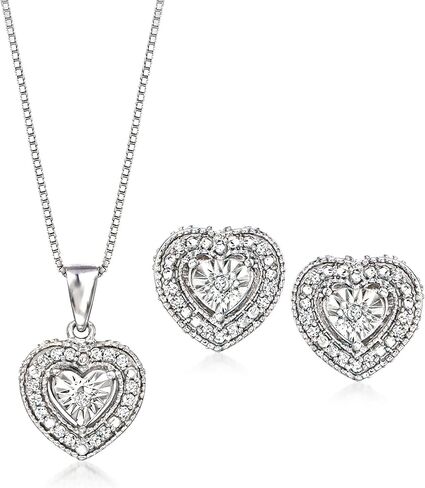Ross-Simons 0.20 ct. t.w. Diamond Jewelry Set: Heart-Shaped Earrings and Pendant Necklace in Sterling Silver in Saudi Arabia