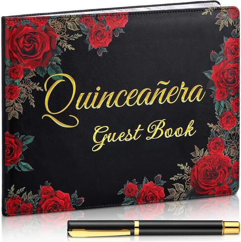 كتاب ضيف Quinceañera مع قلم 11 × 8 بوصة Libro de Firmas Para 15 Años Quinceanera Leather Signature Signature Book Sign Sign For 15th Party Decoration (الذهب الأبيض ، الأزهار) in Kuwait