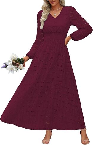Women's Fall Long Puff Sleeve Floral Maxi Dress V Neck Lace Eyelet Hollow Out A Line Flowy Boho Wedding Guest Party Dresses in Saudi Arabia