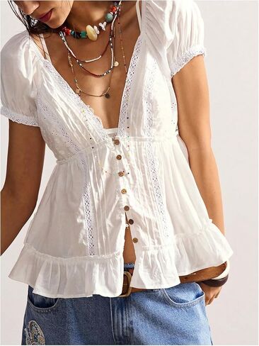 MakeMeChic Women's Boho Puff Sleeve Blouse Lace Trim Button Down Deep V Neck Casual Shirt Going Out Top in Kuwait