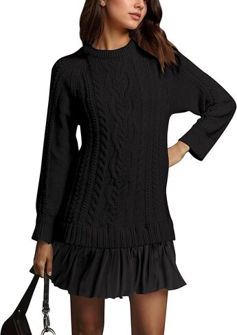 MISSACTIVER Women's Cable Knit Sweater Dress Causal Crew Neck Long Sleeve Patchwork Pleated Knit Pullovers Mini Dresses in Saudi Arabia