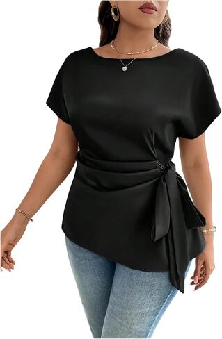 Floerns Women's Plus Size Asymmetrical Tops Pleated Crew Neck Short Sleeve Belted Blouse in Saudi Arabia