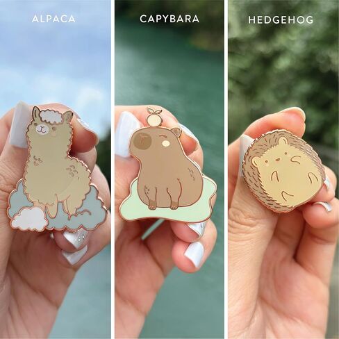 Quirky Critters Enamel Pin Set – Cute Hedgehog, Alpaca & Capybara Hard Enamel Pins with Luxe Rose Gold Finish – Animal Pins for Backpacks, Jackets & Accessories in Saudi Arabia