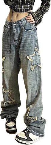 AULKEEP Womens Star Print Gradient Jeans Loose Ripped Graphic Pants Punk High Waist Bottom Jeans with Pocket in Kuwait