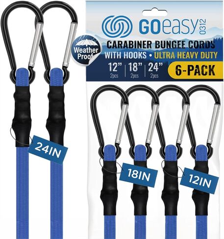 GOEASY0312 Carabiner Bungee Cords with Hooks Heavy Duty - 12", 18", 24" UV Resistant Black Bungee Cords with Carabiner Hooks for Outdoors, 200 LBS Max Break Strength - 6PCS in Kuwait