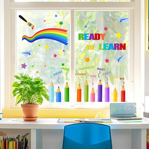 Yovkky Books Window Clings 4 Sheets, Back to School Reading Corner Study Bookshelf Globe Lamp Clock Stickers Decals Decor, Cat Potted Plant Classroom Library Kids Bedroom Home Decorations in Kuwait