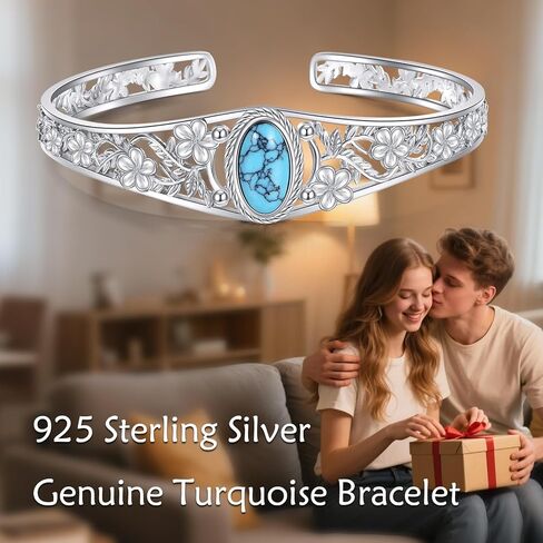 Turquoise bracelet 925 Sterling Silver Vintage Flower Bracelet Bangle Boho Adjustable Turquoise Bangle Jewelry Gifts for Women Lover in Saudi Arabia