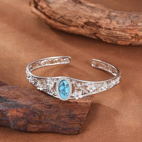 Turquoise bracelet 925 Sterling Silver Vintage Flower Bracelet Bangle Boho Adjustable Turquoise Bangle Jewelry Gifts for Women Lover in Saudi Arabia