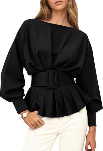 Boat Neck Long Sleeve Shirts Tops for Women Slim Fit Crew Neck Ruffle Pullover Sweatshirt Fall Peplum Tops with Belt in Saudi Arabia