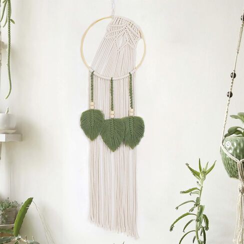 LB Boho Macrame للتعليق على الحائط - ديكور منسوج يدويًا باللونين الأخضر والبيج، ديكور حائط منسوج بوهيمي هندسي حديث لغرفة النوم وغرفة المعيشة والمنزل (31.5 بوصة × 9.84 بوصة) ديكور غرفة مستوحى من الطبيعة in Saudi Arabia