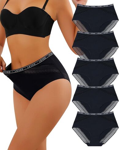 LEVAO Women's Cotton Underwear High Waisted Briefs Full Coverage Bikini Panties with Lace Trim Soft Hipster 5 Pack S-XXL in Saudi Arabia