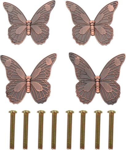 4pcs Vintage Butterfly Shape Drawer Knob Meatal Pull Handle Butterfly Pulls for Chest Cupboard Wardrobe Dresser Kitchen Bathroom Door(Red Bronze) in Saudi Arabia