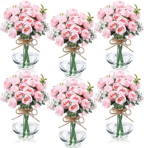 6 Sets Mason Jar Table Centerpiece with Artificial Roses Baby Breath Flowers Bouquet Faux Flowers with Vase Floral Arrangements Decor for Wedding Bridal Shower Home(Pink) in Saudi Arabia
