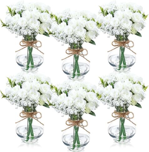 6 Sets Mason Jar Table Centerpiece with Artificial Roses Baby Breath Flowers Bouquet Faux Flowers with Vase Floral Arrangements Decor for Wedding Bridal Shower Home(Pink) in Saudi Arabia