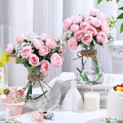 6 Sets Mason Jar Table Centerpiece with Artificial Roses Baby Breath Flowers Bouquet Faux Flowers with Vase Floral Arrangements Decor for Wedding Bridal Shower Home(Pink) in Saudi Arabia