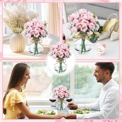 6 Sets Mason Jar Table Centerpiece with Artificial Roses Baby Breath Flowers Bouquet Faux Flowers with Vase Floral Arrangements Decor for Wedding Bridal Shower Home(Pink) in Saudi Arabia