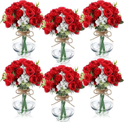 6 Sets Mason Jar Table Centerpiece with Artificial Roses Baby Breath Flowers Bouquet Faux Flowers with Vase Floral Arrangements Decor for Wedding Bridal Shower Home(Pink) in Saudi Arabia