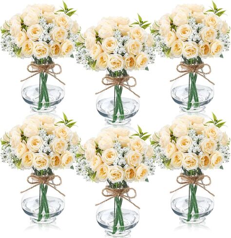 6 Sets Mason Jar Table Centerpiece with Artificial Roses Baby Breath Flowers Bouquet Faux Flowers with Vase Floral Arrangements Decor for Wedding Bridal Shower Home(Pink) in Saudi Arabia