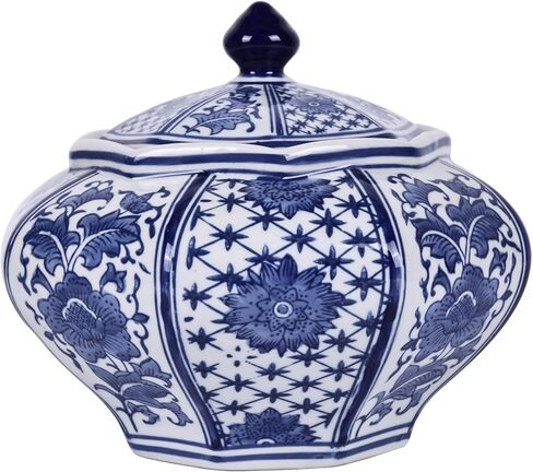 جرة زنجبيل منجم الذهب كبيرة الحجم مصنوعة يدويًا من XINGYAN مع سلسلة غطاء: بورسلين صيني فاخر باللونين الأزرق والأبيض، طراز سلالة مينغ وتشينغ، جرة تخزين ديكور منزلي مزخرفة (جرة غنية) in Kuwait