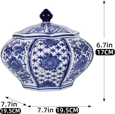 جرة زنجبيل منجم الذهب كبيرة الحجم مصنوعة يدويًا من XINGYAN مع سلسلة غطاء: بورسلين صيني فاخر باللونين الأزرق والأبيض، طراز سلالة مينغ وتشينغ، جرة تخزين ديكور منزلي مزخرفة (جرة غنية) in Kuwait